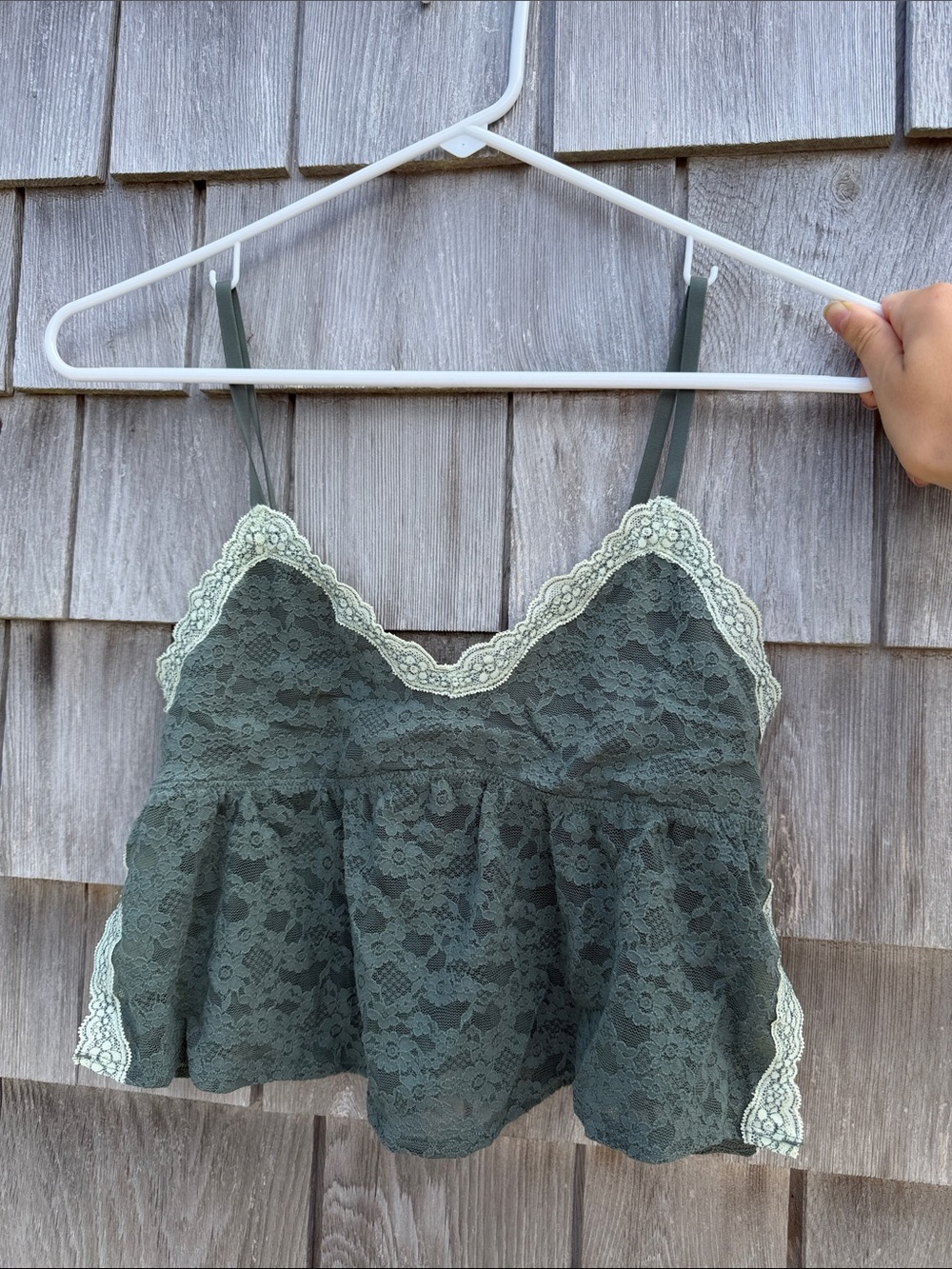 aerie olive green lace camisole with cream lace trim